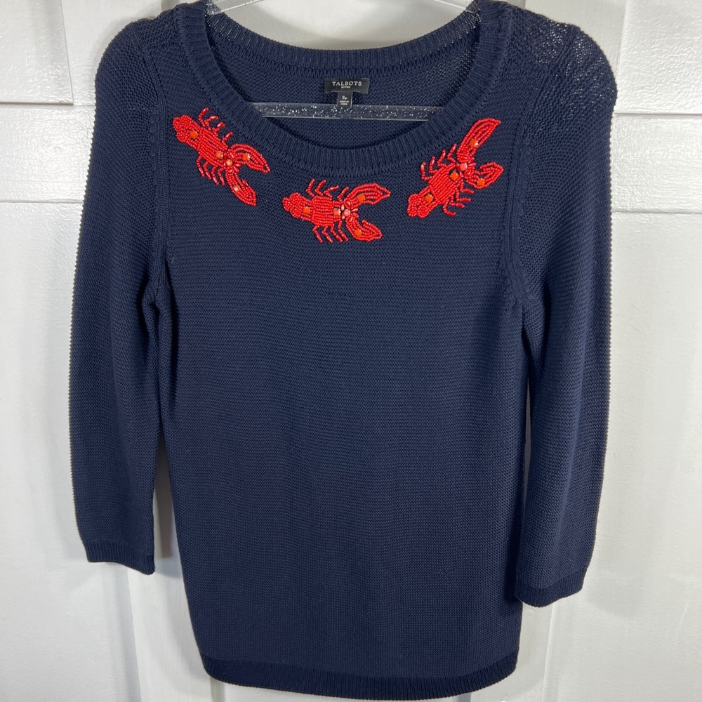 Talbots Petites Navy Blue Beaded Lobster Sweater 3/4 Sleeve Sp Nautical Knit